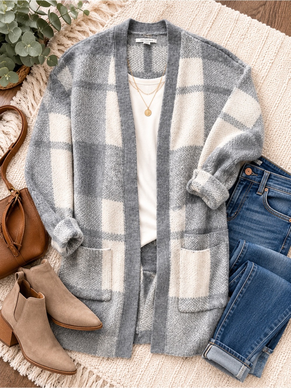American Eagle Outfitters Gray and Cream Plaid Open-Front Cardigan Sweater XS